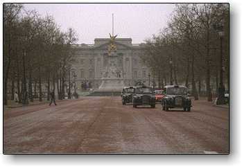 London England photos pictures - Taxis on the Mall with Buckingham Palace and the Victoria Memorial in the background
